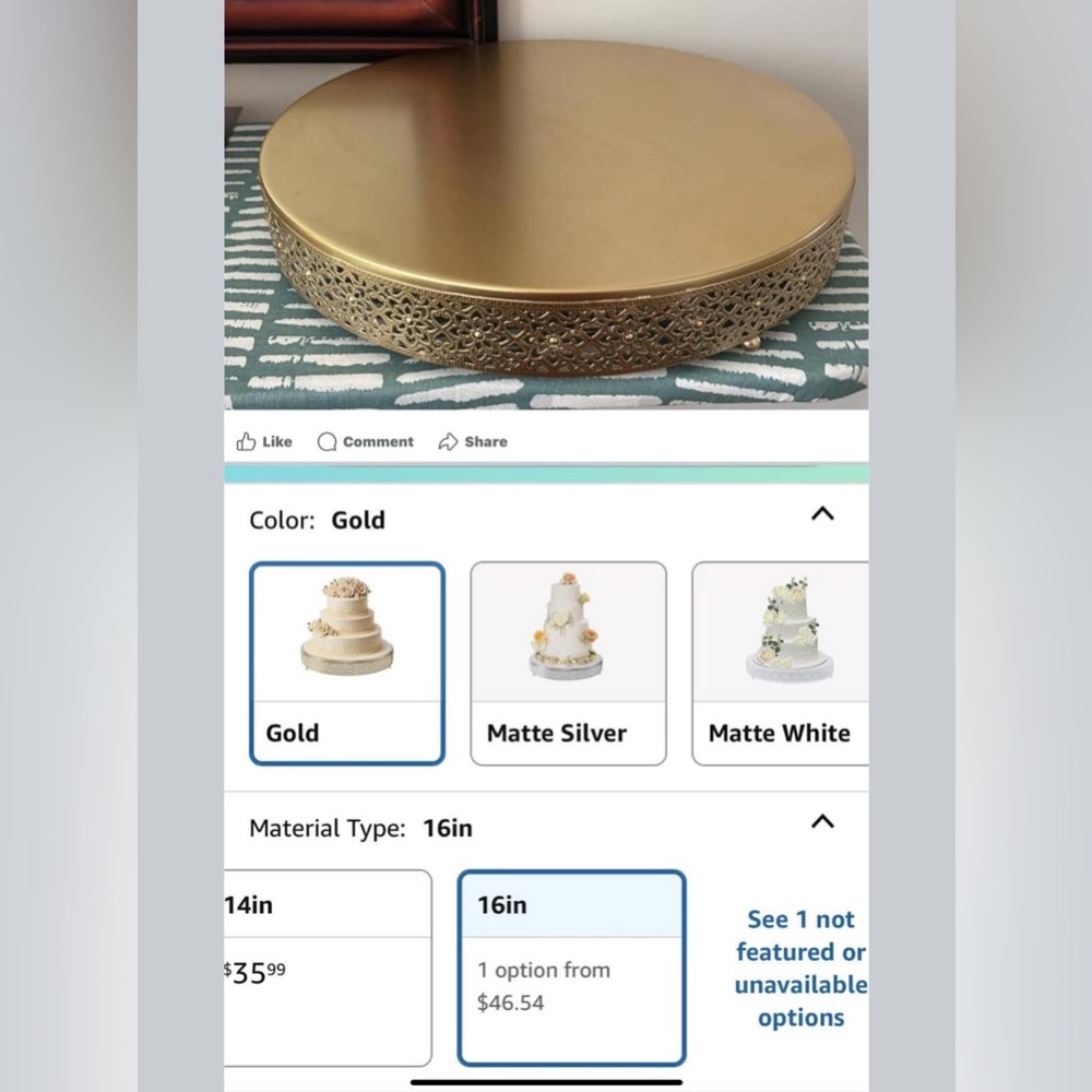 16” Round Gold Decorative Cake Stand